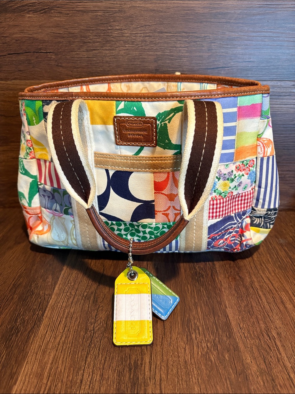 Coach Multicolor Patchwork Tote with Brown Trim and Yellow Tag - Picture 8 of 8